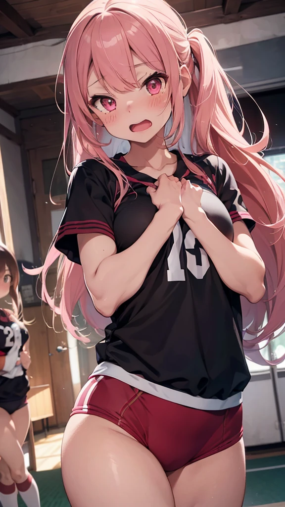 mastute piece,Best Quality,insanely detailed,8k cg,
shoot upper body,
1girl,standing,body in front,looking at viewer,(volleyball uniform,buruma),
blush,shy,(trembling:1.2),pink hair,break,open mouth,volleyball court,