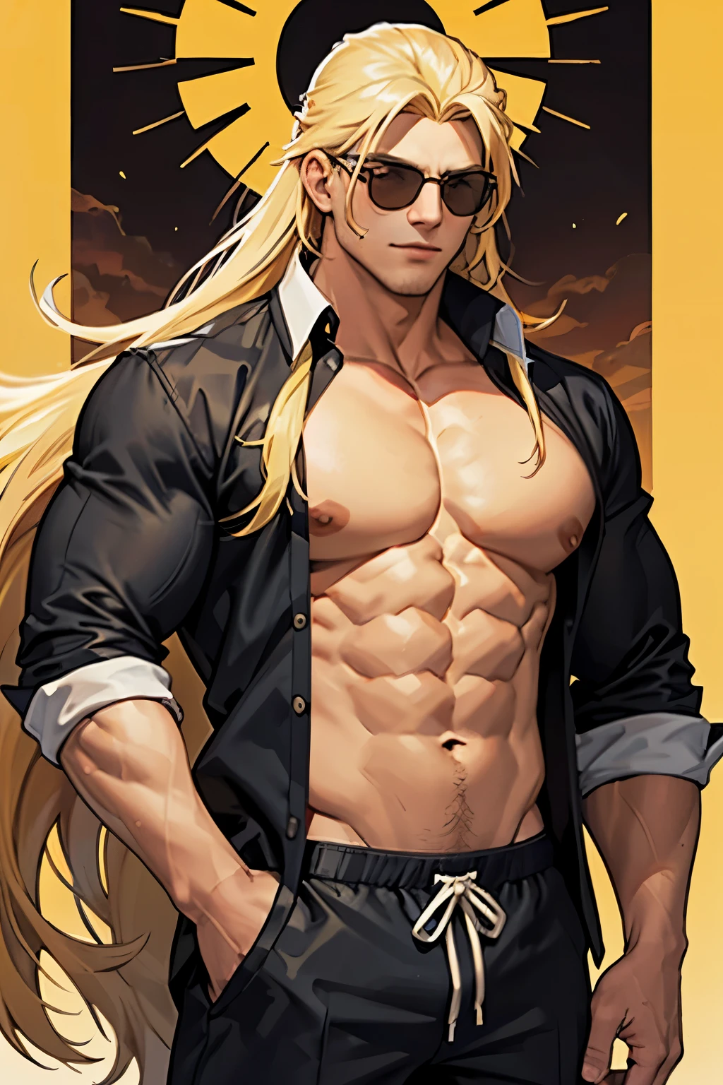 1 man with a , very muscular body, wearing sun glasses, very long hair, blond hair