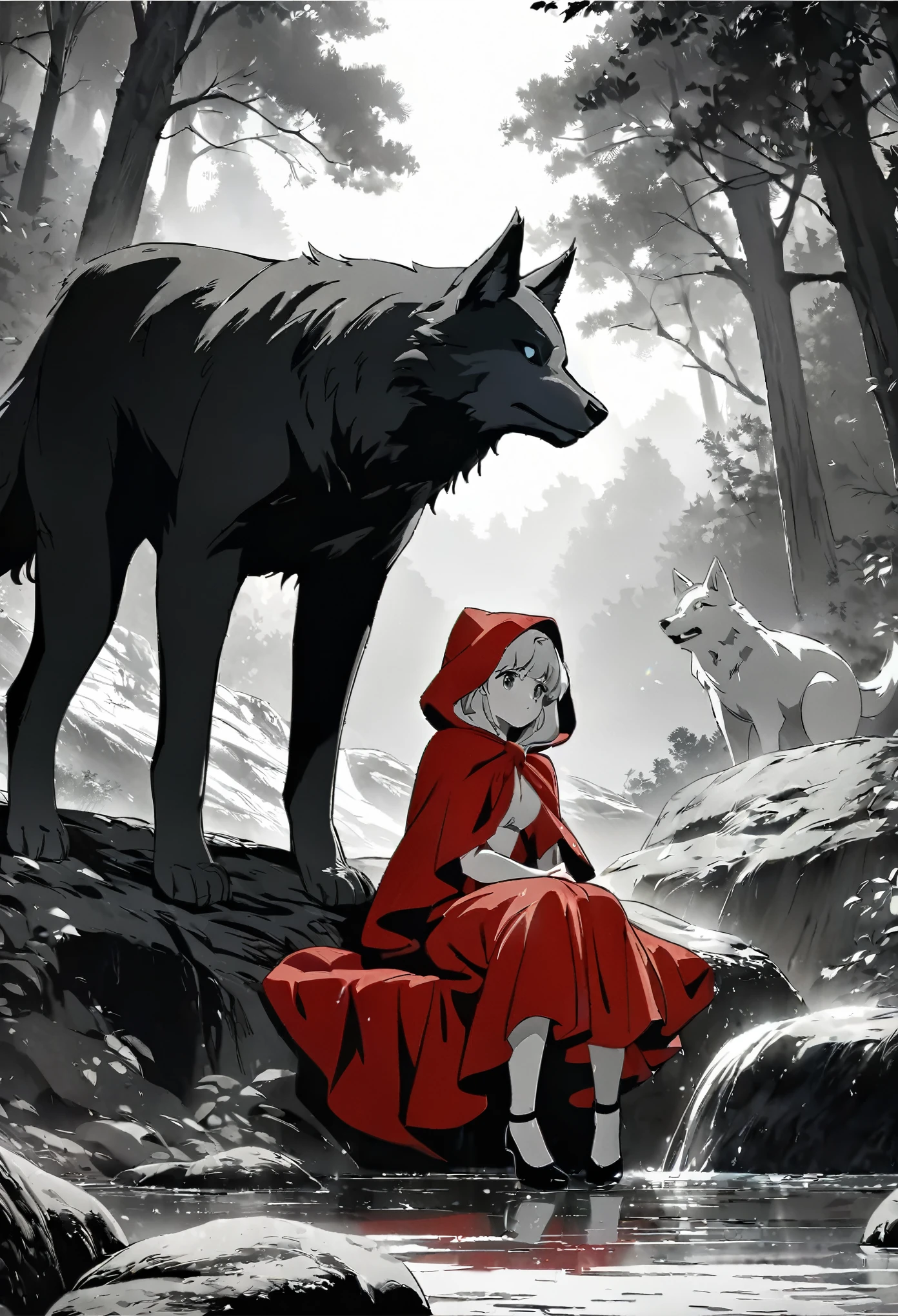 top quality, best quality, highres, unparalleled masterpiece, perfect artwork, paid reward available, anime girl in red riding hood sitting on rock in forest, an anime drawing by Shitao, pixiv, fantasy art, grayscale phtoto with red dress, red riding hood, dressed in a beautiful red cloak, wolf, little red riding hood, thief red riding hood, beautiful anime art style, high quality anime art, high quality anime artstyle, at pixiv, monochrome,