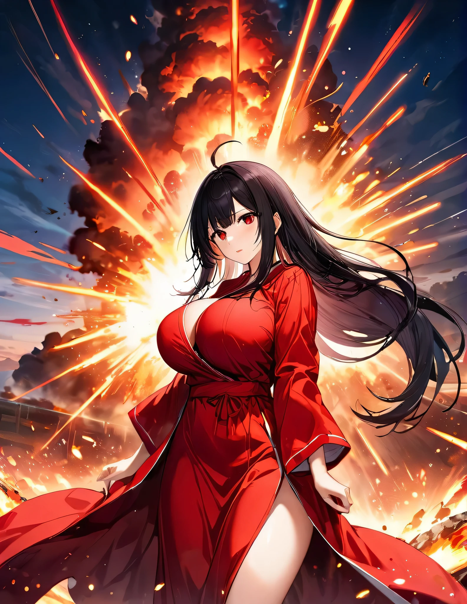 perfect anatomy, masterpiece:1.4, best highres, 16k, battle style, (in the battlefield, the background is Big Explosion:1.5), break, (lot of red light painting:1.3, long exposure:1.4), break, 
(both hands holding biggest flame), BREAK, (solo:1.3 straight black hair long hair femdom girl, 18 yo, huge breasts, detailed red eyes), break, (anxiety face), (in a detailed red Magical Robe), BREAK, HDR, studio lighting, ultra-fine painting.