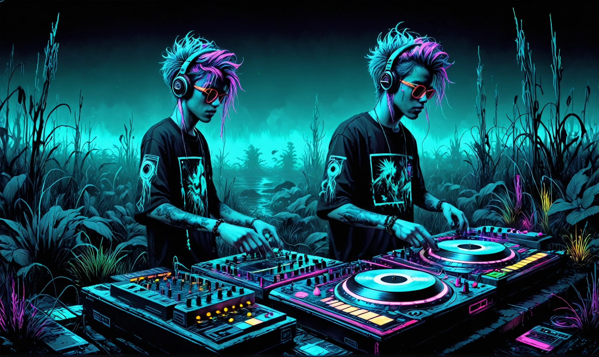 Beautifully detailed digital illustration of a Cyberpunk DJ mixing synthetic beats in a dark swamp with will-o&#39;-the-wisps leading lost ink art, arte de linha, PENeonUV