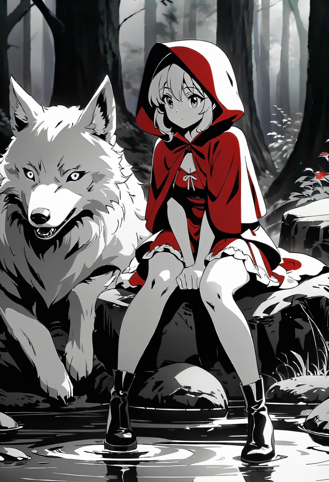 top quality, best quality, highres, unparalleled masterpiece, perfect artwork, paid reward available, anime girl in red riding hood sitting on rock in forest, an anime drawing by Shitao, pixiv, fantasy art, grayscale phtoto with red dress, red riding hood, dressed in a beautiful red cloak, wolf, little red riding hood, thief red riding hood, beautiful anime art style, high quality anime art, high quality anime artstyle, at pixiv, monochrome,