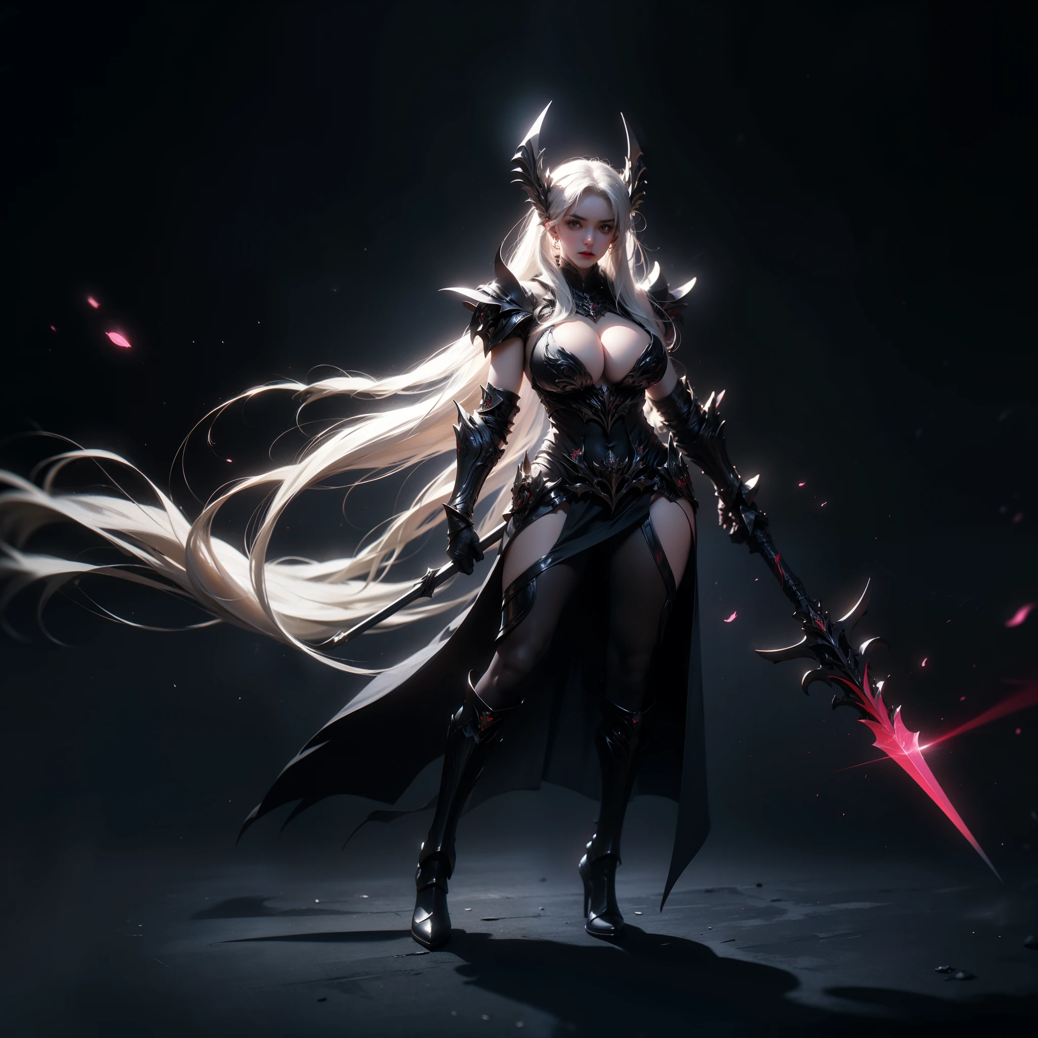 imagem arafada de uma personagem feminina com uma espada e uma luz roxa, da linhagem 2, elfo , lineage revolution style 2, elfo  maiden, sharp silver armor fuchsia skin, dressed in ethereal battle armor, armadura refletida de cor de fogo preto, linda necromante, paladino sombrio, ingame image, Cavaleiro de Sangue, masterpiece, highest quality, (perfect face:1.1) , (high detail:1.1), dramatic, female triplets, , white hair, red eyes, cleavage, long hair, curvy, , moon,([long hair hair]:1.8), (full body:1.8), (full-body standing image:1.8), (upper body up:0.3), (hyper realistic:1.4), (realistic:1.3), (best quality real texture skin),(HUGE :1.5)