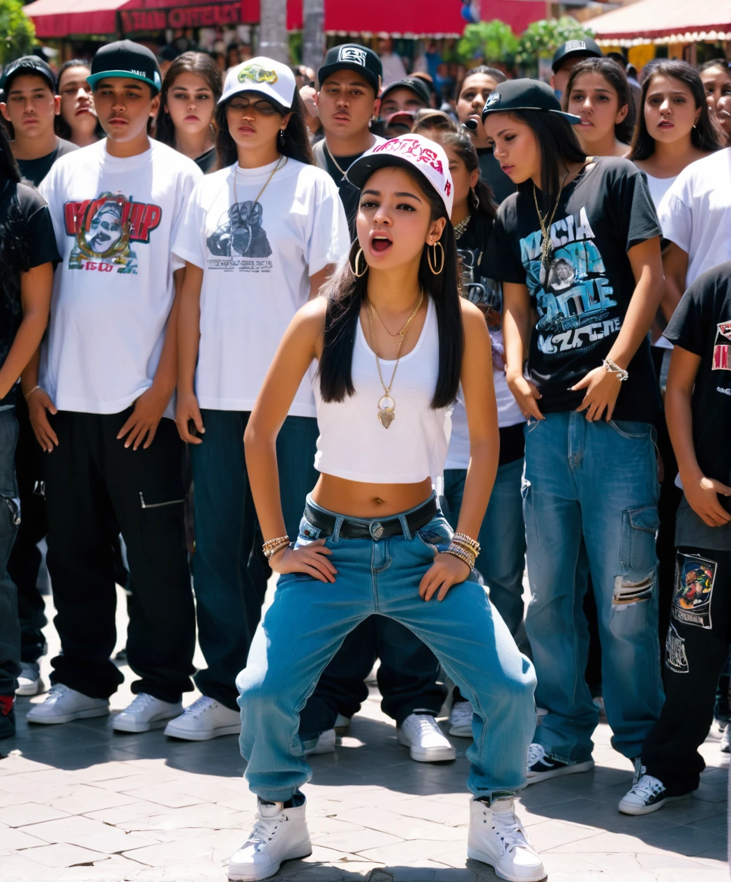 20 year old hip hop girl in a rap battle in a Mexican plaza