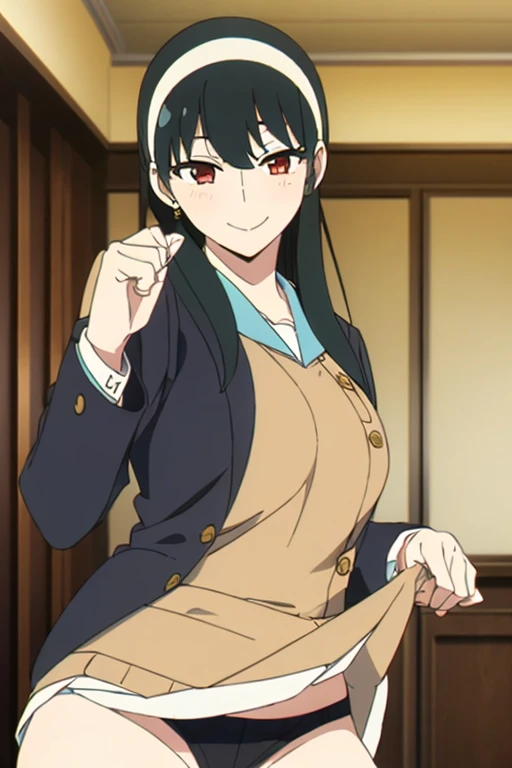 (masterpiece, highest quality: 1.2), alone, 1 girl, alone, panties,,black,Sailor suit,blazer,your heather, smile, Mouth closed, View your viewers, Long black hair, head band, Earrings, Big Breasts, Medium Waist, Medium Hips, wide thighs, Embarrassing, Charm, smiling with her Mouth closed, Good move.., Excellent anatomy,panties,classroom,,Sailor suit,blazer,skirt, (((skirtめくり, I can see your pants))),
