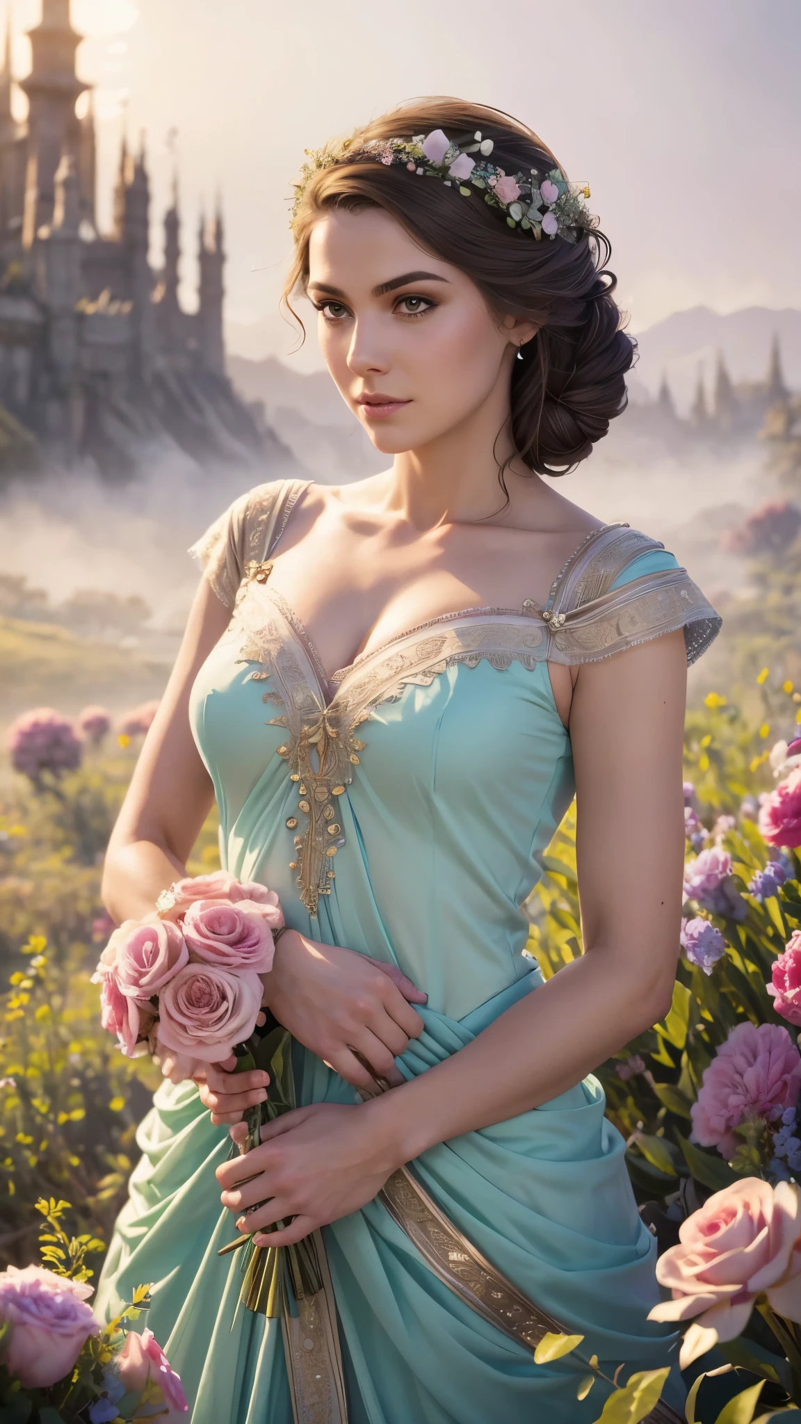 Whimsical fantasy elegant rose floral botany minimalism with a wave of flowers garden flowing flowers floating in hazy pastel pink, aqua green, pastel apricot, smoke fractal, moody and massively realistic flowers, octane rendering, Josephine wall art, Isabel Menin, Jean, Amy brown  