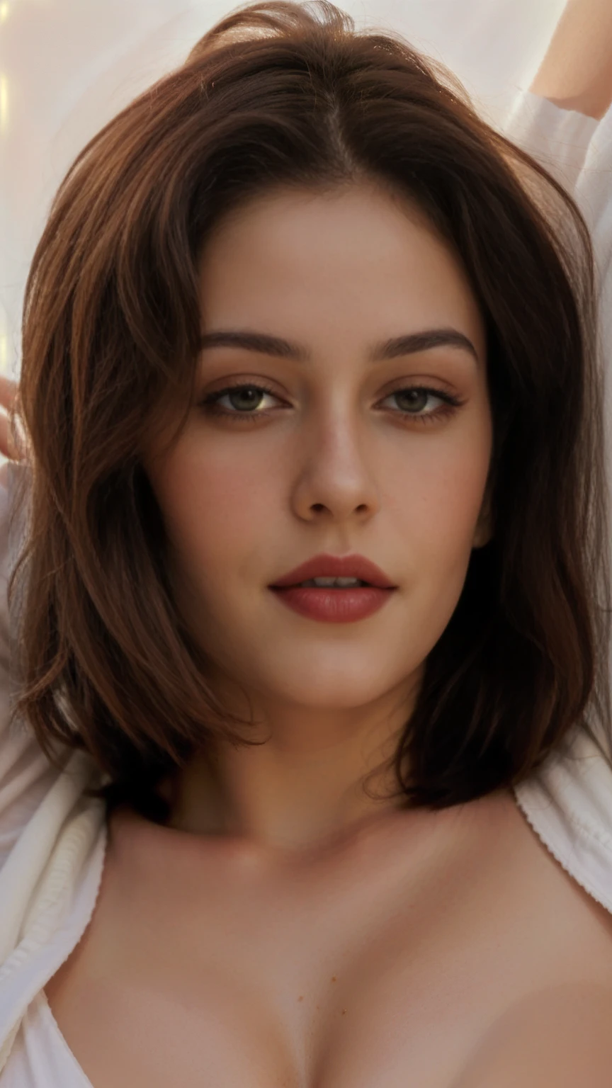 realistic, Beautiful woman with short hair , Beautiful lady, dark red makeup, hyper detailed photography, soft light, full portrait, cover, big breast, breast detailed, best quality, (beautiful face detailed, detail skin texture, ultra-detailed body:1.1) brown hair , Hazel Eyes 26 Years women,