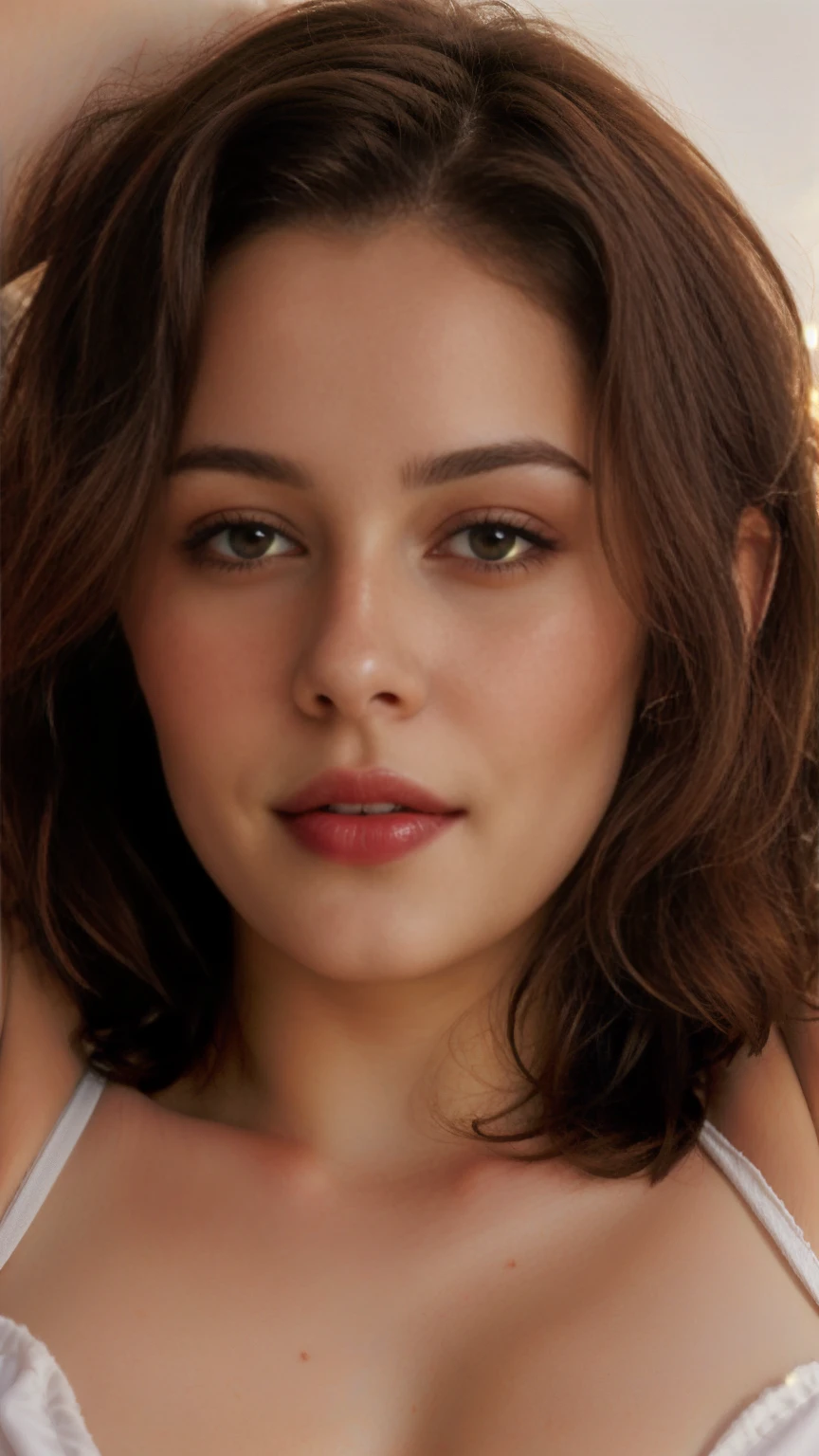 realistic, Beautiful woman with short hair , Beautiful lady, dark red makeup, hyper detailed photography, soft light, full portrait, cover, big breast, breast detailed, best quality, (beautiful face detailed, detail skin texture, ultra-detailed body:1.1) brown hair , Hazel Eyes 26 Years women, 
