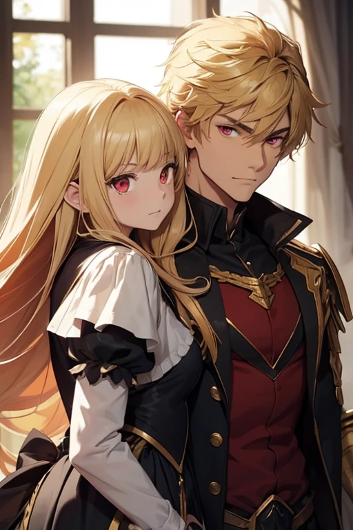 A man is holding a teenage girl from behind. They are wearing fantasy uniforms. the girl hates the man. red eyes and blond hair.