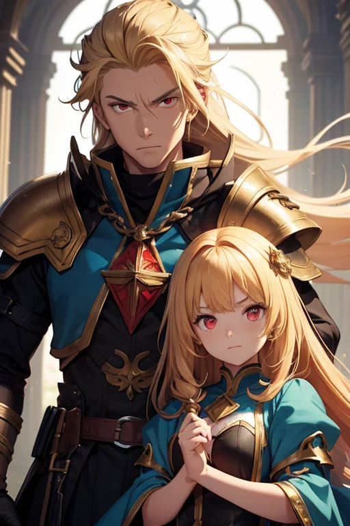 A man is holding a teenage girl from behind. They are wearing fantasy uniforms. the girl hates the man. red eyes and blond hair.