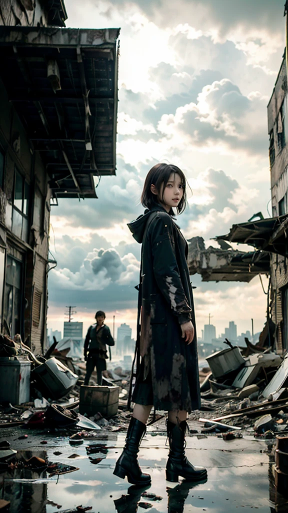 Brown short hair girl、A structure piercing the sky in the distance、anime art wallpaper 8k, 16k、(Disparity society)、((One of his arms is made of machinery))、Black long boots、((A ruined world))、Destroyed City、(a girl standing at the rooftop of a building)、Clothes dirty with dust、Damage costume、((Black make-up on the face))、Fluttering costumes、Fluttering Hair、Exploding buildings、Dark Clouds、(Dystopia)、((Chaotic world))、Reddish long coat