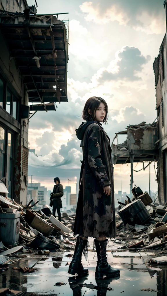 Brown short hair girl、A structure piercing the sky in the distance、anime art wallpaper 8k, 16k、(Disparity society)、((One of his arms is made of machinery))、Black long boots、((A ruined world))、Destroyed City、(a girl standing at the rooftop of a building)、Clothes dirty with dust、Damage costume、((Black make-up on the face))、Fluttering costumes、Fluttering Hair、Exploding buildings、Dark Clouds、(Dystopia)、((Chaotic world))、Reddish long coat