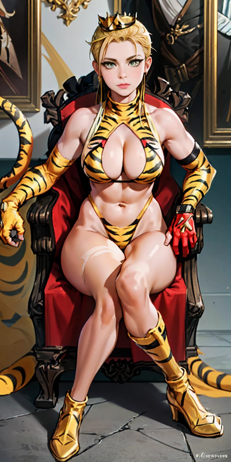 Cammy, elegant adult female, blonde, green eyes, (yellow eyelashes), crown, turtleneck, cutout, sleeveless, blue leotard, elbow gloves, gauntlets, blue thigh, elegantly (sit on throne), throne room, close-up protrait, high resolution, extremely detail 8k cg, yellow bikini (yellow tiger stripes)