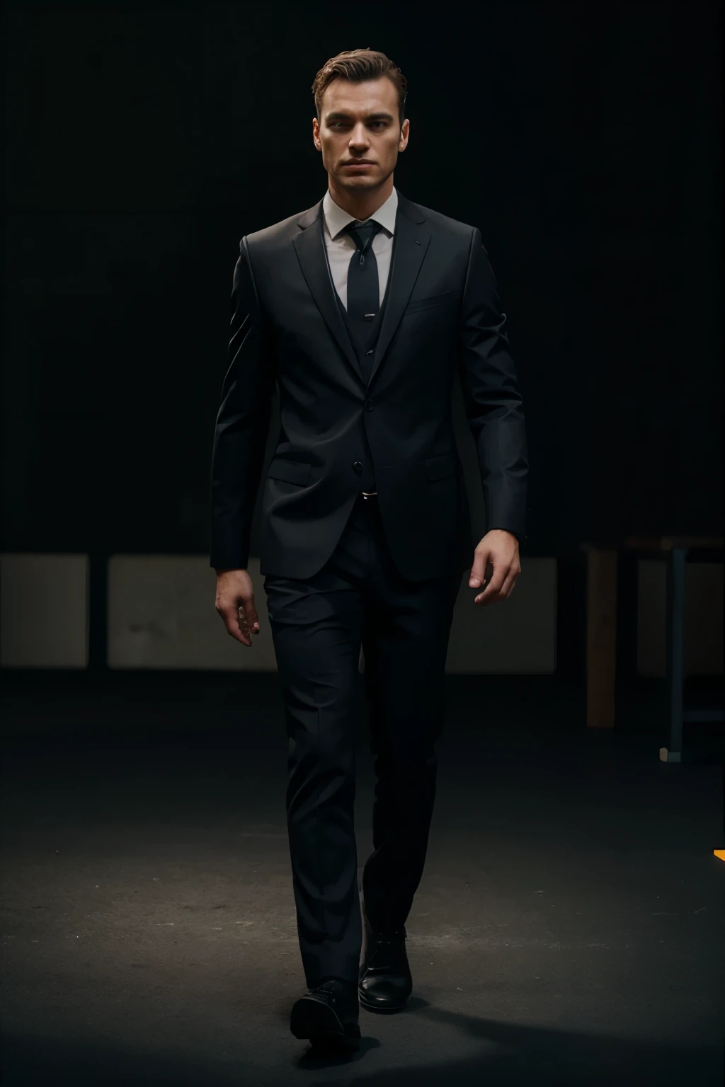 A PERSON LOOKING ALL PROFESSIONAL, WEARING A SUIT, 8K, 3D, REAL LIFE LOOK, WALKING WITH A BLACK BACKGROUND