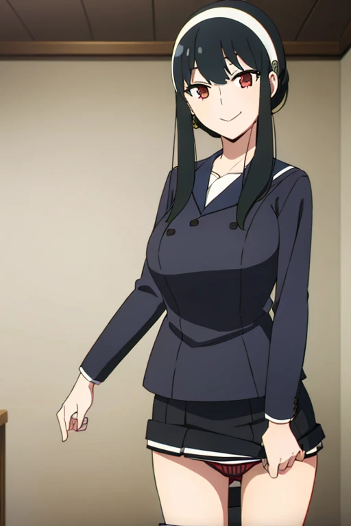 (masterpiece, highest quality: 1.2), alone, 1 girl, alone, panties,,black,Sailor suit,blazer,your heather, smile, Mouth closed, View your viewers, Long black hair, head band, Earrings, Big Breasts, Medium Waist, Medium Hips, wide thighs, Embarrassing, Charm, smiling with her Mouth closed, Good move.., Excellent anatomy,panties,classroom,,Sailor suit,blazer,skirt, (((skirtめくり, I can see your pants))),