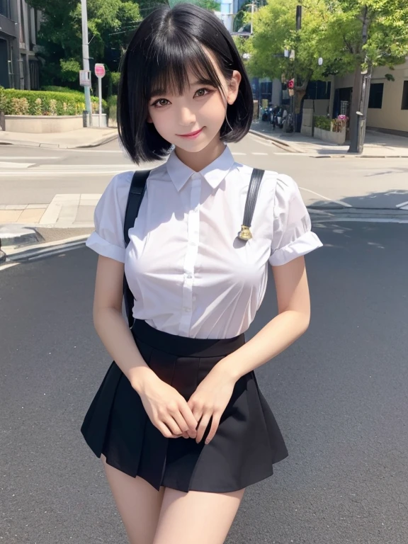 ((Whole body 1.4))((masterpiece)), ((best quality)), (ultra-detailed), ((kawaii)), cute, (lovely), realistic, real, full body, In town, daytime, a cute girl, 1girl, solo, beautiful black hair, beautiful black eyes, ((beautiful eyes)), short hair, ribon, smile,Policewoman、Ultra Mini Skirt、Bare legs,,Small breasts,Dynamic pose