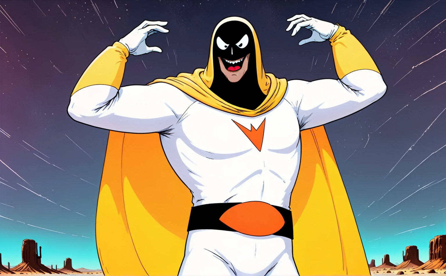 Post-Apocalyptic Wasteland, Space Ghost dancing a vile stanky boogie dance, exaggerated, excessive, cel shading, harsh desert conditions, extreme heat, cinematic, rich color grading, sense of energy, A wordless, visually hilarious, cohesive, intense meme that conveys overwhelming joy
