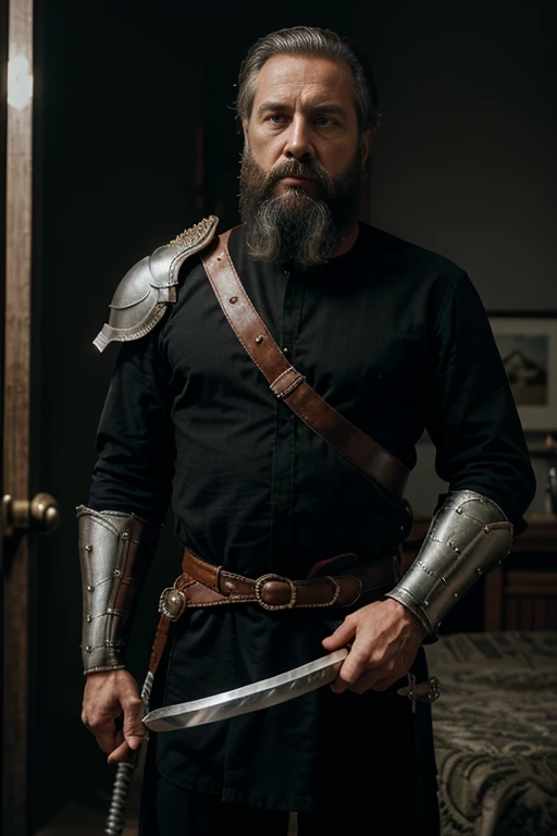 hiper-realismo,
homem branco de 45 anos, com barba e cabelo acinzentado, resting his hands on the scabbard of his sword, vestindo uma armadura prateada com uma capa vermelho escuro, all black scenery