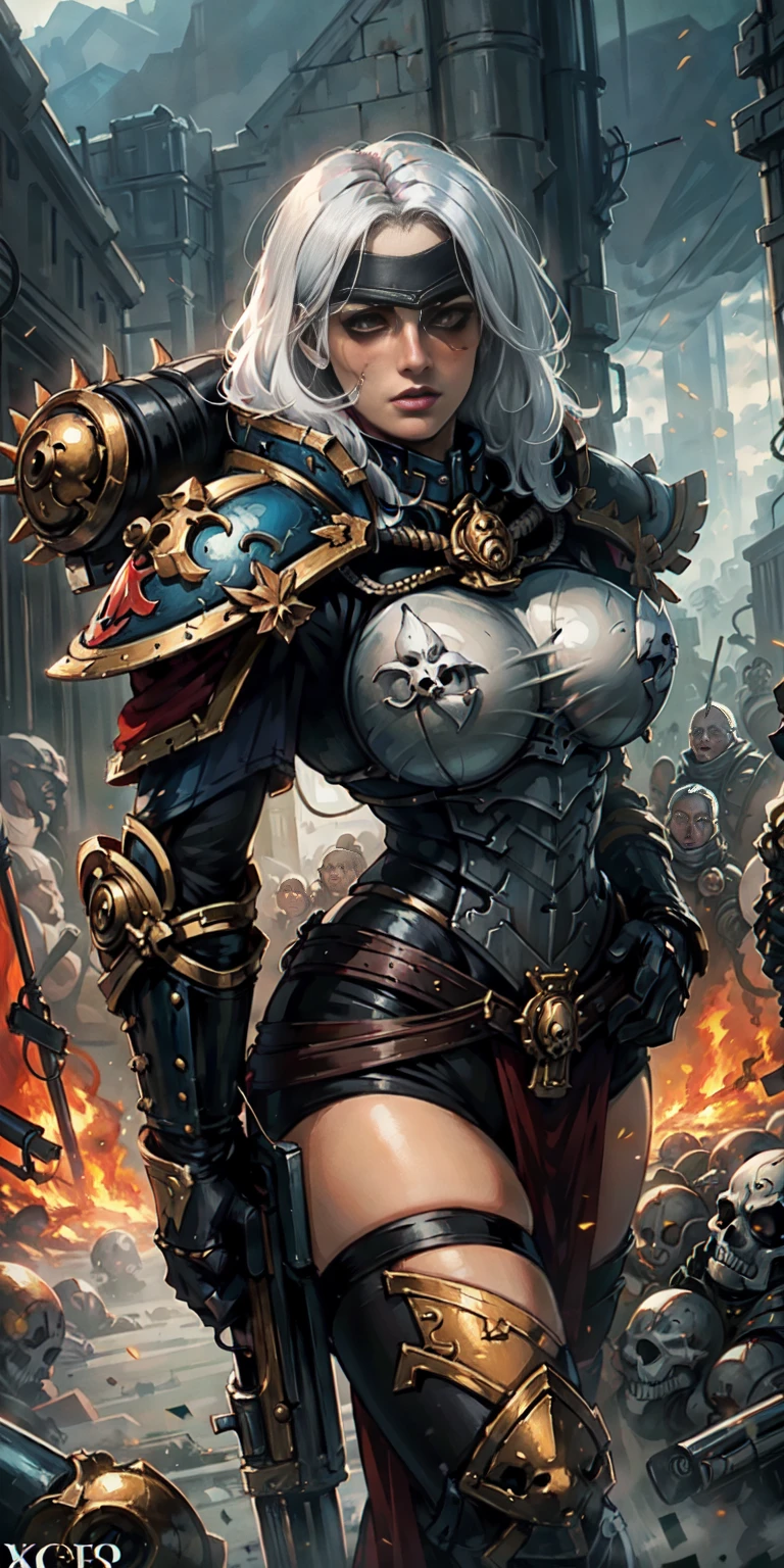 (masterpiece:1.2), (best quality:1.2), perfect eyes, perfect face, perfect lighting, 1girl, mature bigbreastplate whore Sororitas with bolter gun in hands, blindfolded cover eyes, white hair, skulls on the ground, warhammer 40k, detailed battlefield background