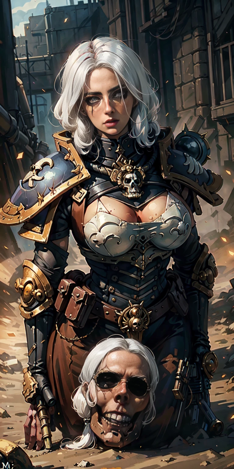 (masterpiece:1.2), (best quality:1.2), perfect eyes, perfect face, perfect lighting, 1girl, mature bigbreastplate whore Sororitas with bolter gun in hands, blindfolded cover eyes, white hair, skulls on the ground, warhammer 40k, detailed battlefield background