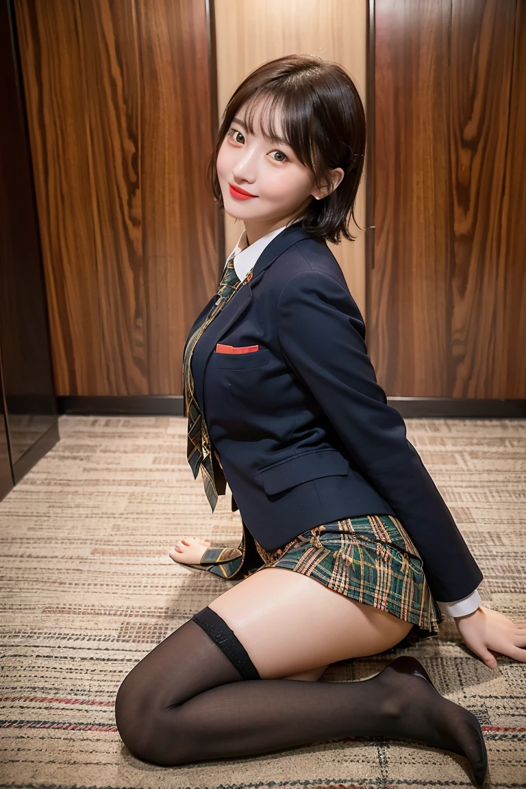 nsfw,One Woman、((Standing wearing a blazer and miniskirt school uniform))、Primary school students,((small breasts)),Highest quality、Very delicate and beautiful、((Very short bangs))、((Bangs))、明るいつやのある茶色の髪のHighest quality、Very delicate and beautiful、((Very short bangs))、((blunt bangs))、Light shiny brown hair、The hair is light、((Short Bob))、Cute face、Young face、Cute like an idol、Are thin、Slim figure、slender、Short、 body type、((Background is an elementary school classroom))、Thighs、Shooting from below、Low - Angle、Dutch Angle、Emphasis on the crotch、ceiling、The best smile、