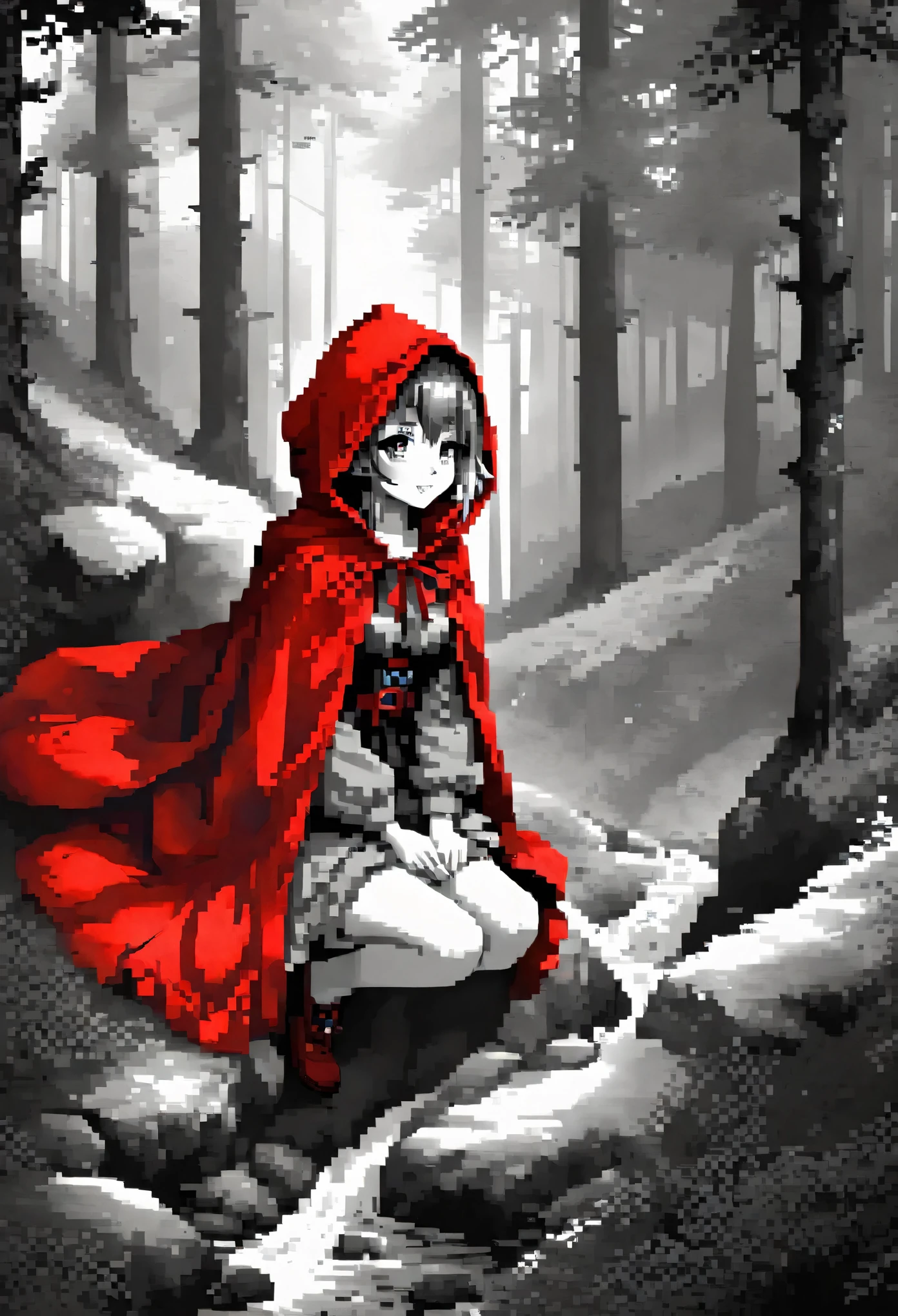 top quality, best quality, highres, unparalleled masterpiece, perfect artwork, paid reward available, anime girl in red riding hood sitting on rock in forest, an anime drawing by Shitao, pixiv, fantasy art, grayscale phtoto with red dress, red riding hood, dressed in a beautiful red cloak, wolf, little red riding hood, thief red riding hood, beautiful anime art style, high quality anime art, high quality anime artstyle, at pixiv, monochrome,