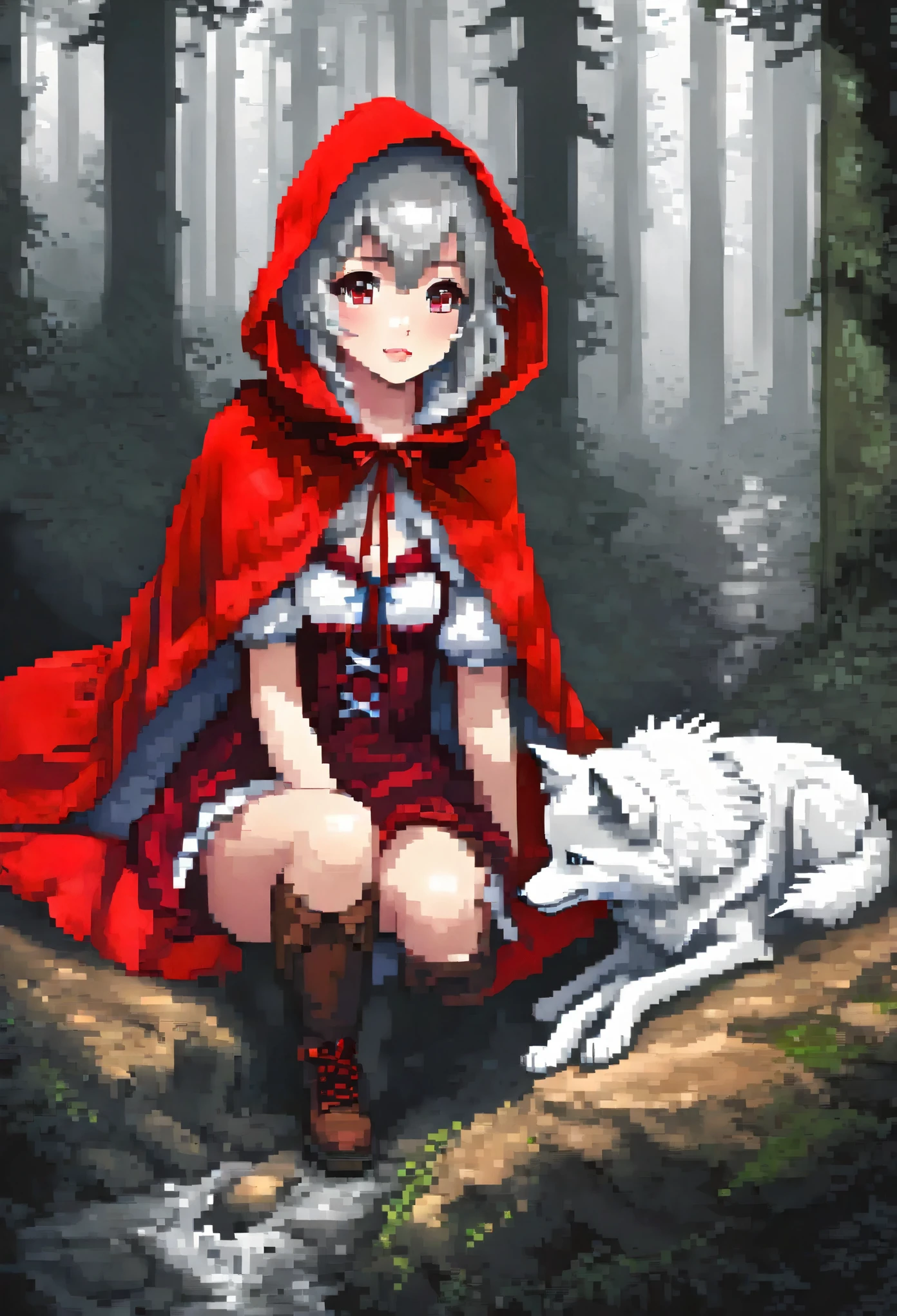 top quality, best quality, highres, unparalleled masterpiece, perfect artwork, paid reward available, anime girl in red riding hood sitting on rock in forest, an anime drawing by Shitao, pixiv, fantasy art, grayscale phtoto with red dress, red riding hood, dressed in a beautiful red cloak, wolf, little red riding hood, thief red riding hood, beautiful anime art style, high quality anime art, high quality anime artstyle, at pixiv, monochrome,