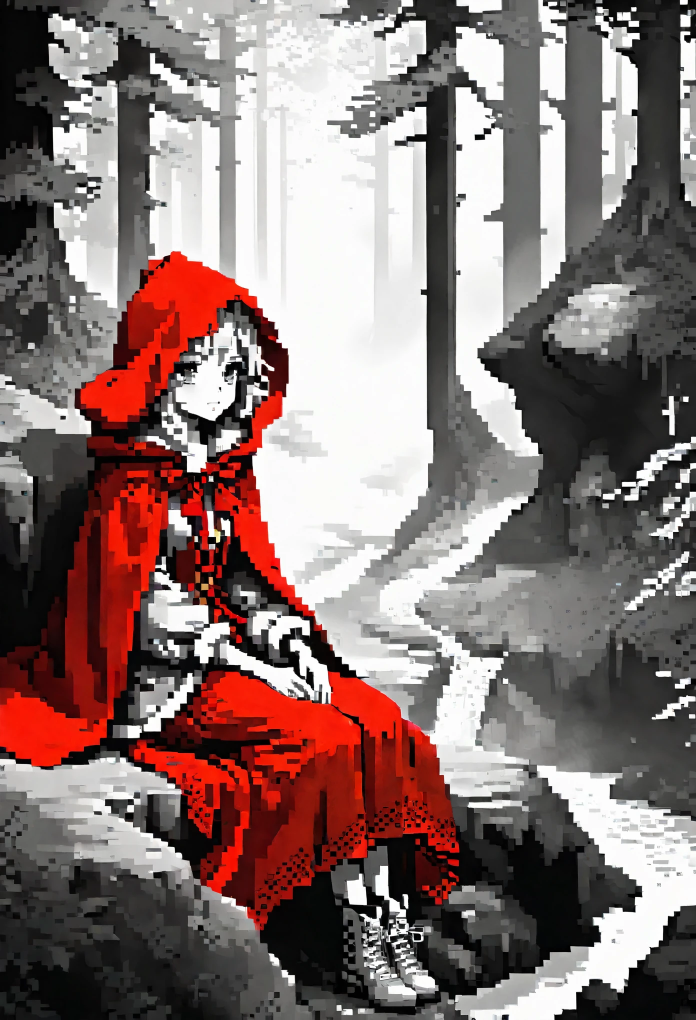 top quality, best quality, highres, unparalleled masterpiece, perfect artwork, paid reward available, anime girl in red riding hood sitting on rock in forest, an anime drawing by Shitao, pixiv, fantasy art, grayscale phtoto with red dress, red riding hood, dressed in a beautiful red cloak, wolf, little red riding hood, thief red riding hood, beautiful anime art style, high quality anime art, high quality anime artstyle, at pixiv, monochrome,