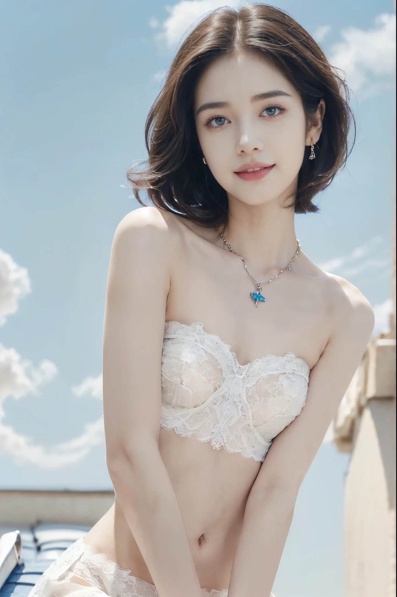 ((((8k))),((Extremely meticulous CG)) ,(wallpaper),(Portrait above the chest:1.3),16k,((Extremely refined and beautiful)),(((Masterpiece))),(((best qualtiy))),(((Ultra High Resolution))),beautiful light up,realistic shaded,((high resolution)),(Smooth and flawless skin:1.5),(Extremely exquisite facial details:1.2),(perfect body:1.2),(ultra-detailed),((A beautiful girl,solo)),(small head:1.2),(pale skin:1.3),(shoulder length straight bob hair:1),(small face:1.2),(Exquisite makeup:1.2),(necklace:1.2),((slim,thin)),(smile:1.2),(happy:1.2),(small breasts:1.2),(flat chests:1.2),(strapless white lace bra:1.3),(day scene:1.3),(azure sky background:1.5),(close-up of face:1.3),(standing on the rooftop:1.3),(village scape:1.3),(from front:1.3),(spring:1.2)