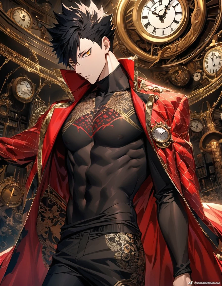 Ultra detailed, highres, absurdres, HDR, Kuroo Tetsurou, black hair, golden eyes, red long coat, black tight shirt with patterns, Haikyuu, clock, gear, in wonderland, heart cards, solo, handsome, very detailed face and eyes, toned chest, black pants, black hat,