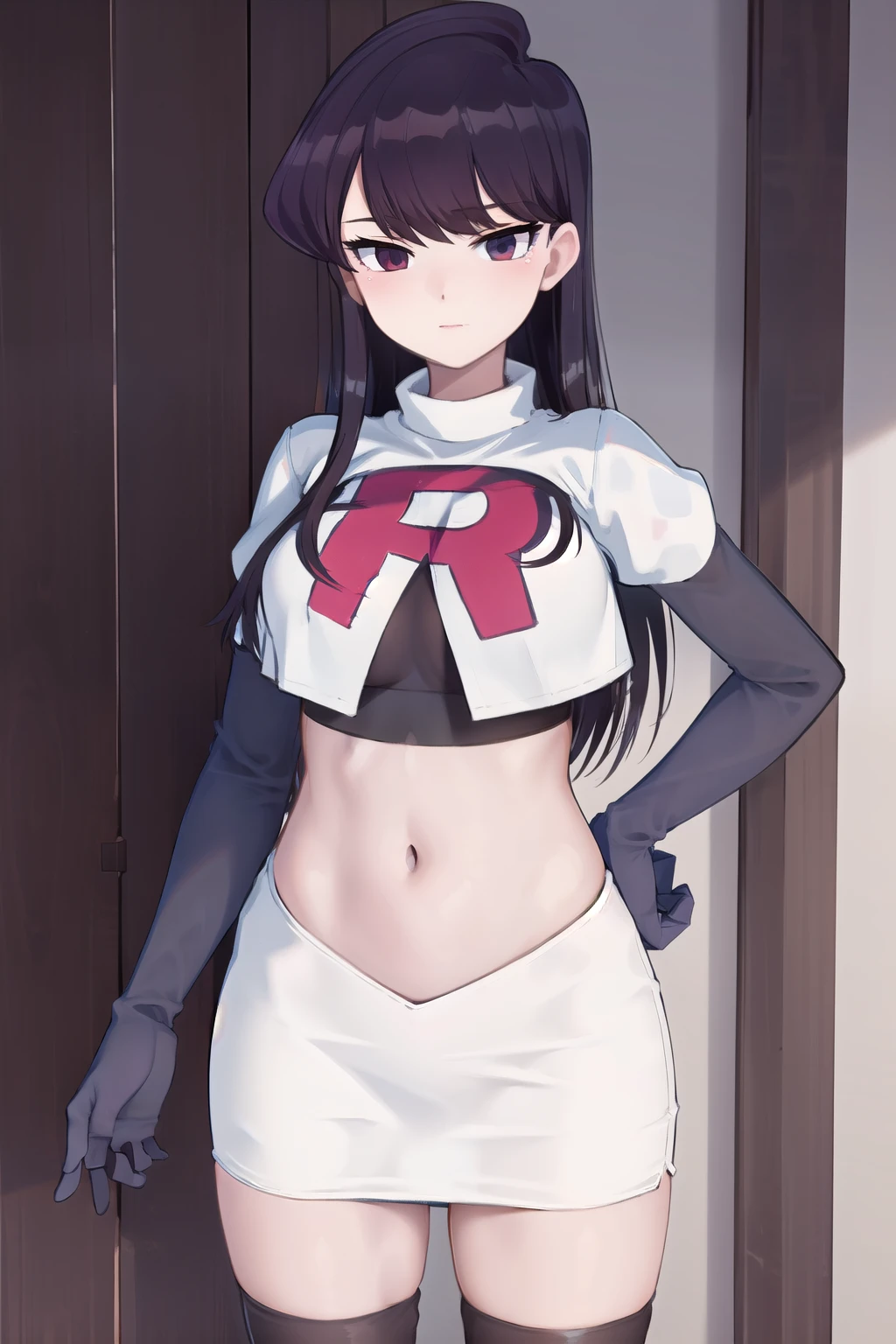 masterpiece, best quality, 1girl, solo, komi-san wa komyushou desu, looking at viewer, team rocket,team rocket uniform,white skirt,red letter R,crop top,black thigh-highs, cowboy shot