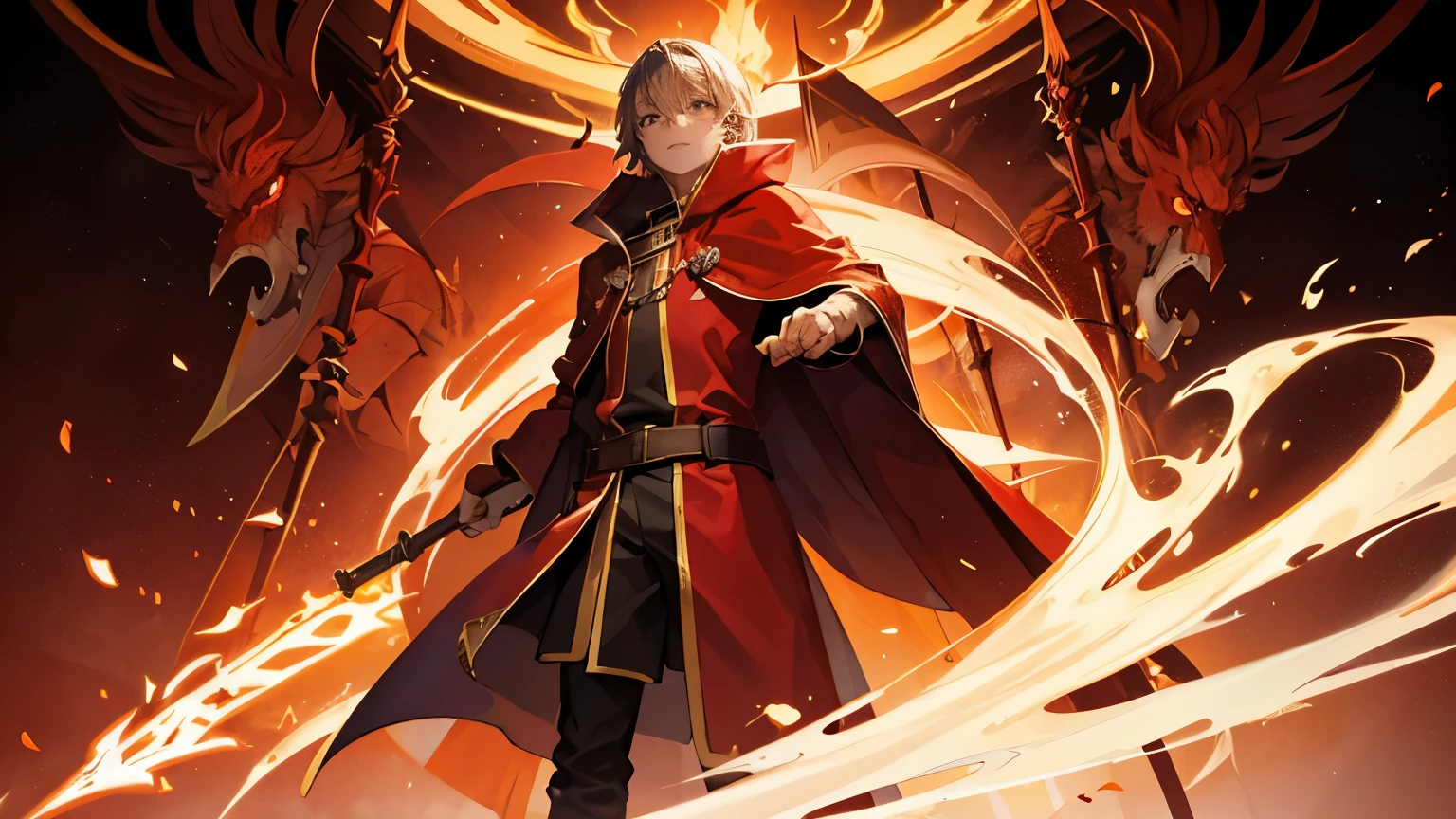 Fire wizard in red cloak Holding a fire in his right hand He holds a long stick in his left hand The orientation is backwards