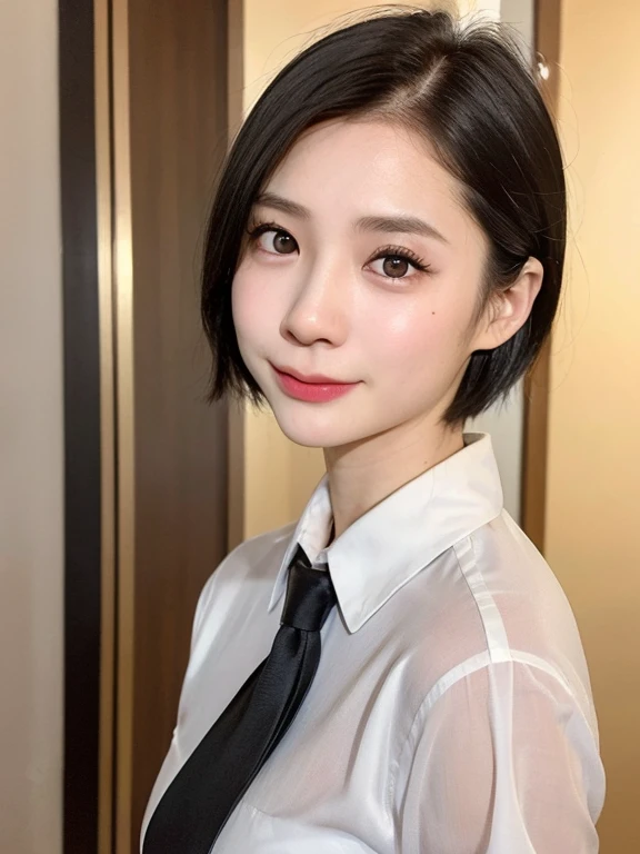 (kawaii 24year-old Japanese girl, Nogizaka idol, Korean idol), (glossy black hair, very short hair, pixie cut:1.3), (rounded face, black eyes, single eyelid, no makeup, soft smiling:1.2), (wearing silky white collared shirt, necktie:1.3), (flat chest, extra small breasts:0.8), (looking at viewer:1.2), BREAK, (sunny day outside background:1.3), (view from forward, portrait, close shot:1.3), BREAK, (masterpiece, best quality, photo realistic, official art:1.4), (UHD, 8K quality wallpaper, high resolution, raw photo, golden ratio:1.2), (shiny skin), professional lighting, physically based rendering, award winning, (perfect anatomy, highly detailed skin, extremely detailed face and eyes), Carl Zeiss 85 mm F/1.4, depth of field, 1girl, solo,