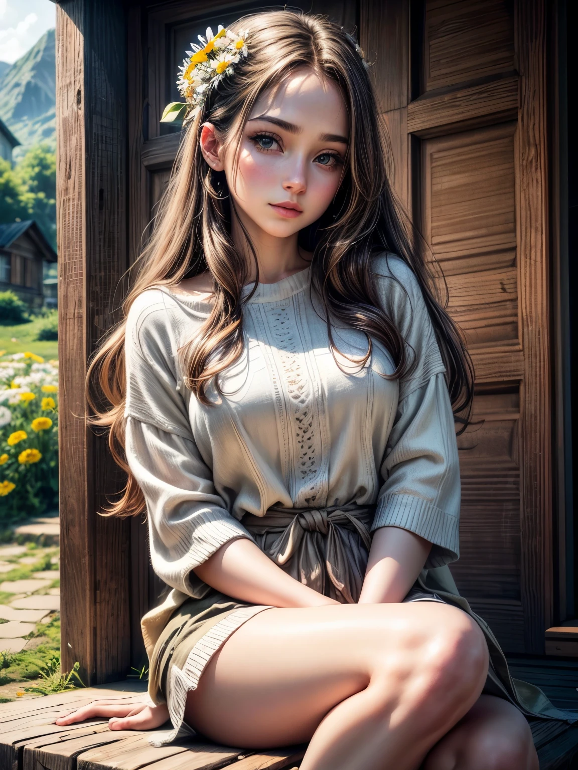 (best quality,highres,ultra-detailed),realistic portrait,beautiful detailed eyes,beautiful detailed lips,white skin,long brown hair,in a cozy village,sitting in front of house,aesthetic body,wearing a stylish cerish shirt,holding daisy flower,soft natural lighting,in a relaxed posture,subtle makeup,vivid colors surrounding her,delicate facial features,vibrant and inviting atmosphere.