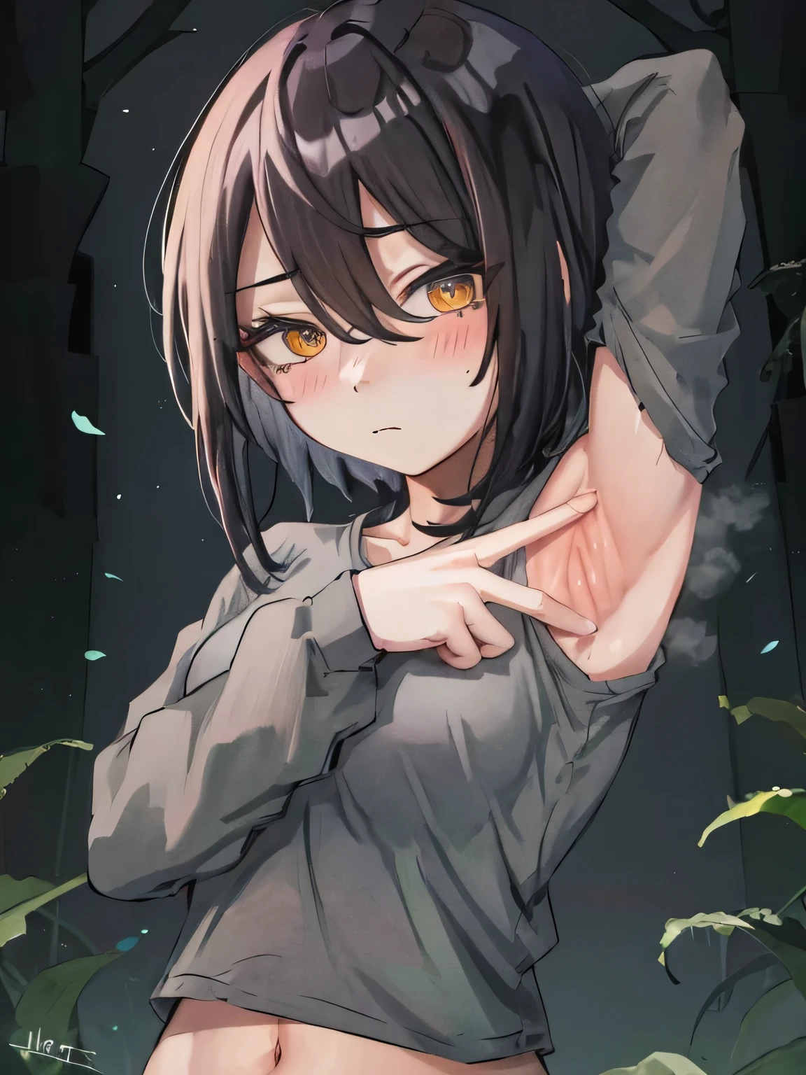 nayuta, 1girl, solo, black t-shirt, long sleeves, collarbone, navel, ringed eyes, red eyes, hair between eyes, short hair, black hair, looking at viewer, arms behind head, closed mouth, night sky, forest, spread armpits, contrapposto, upper body, blush, expressionless,