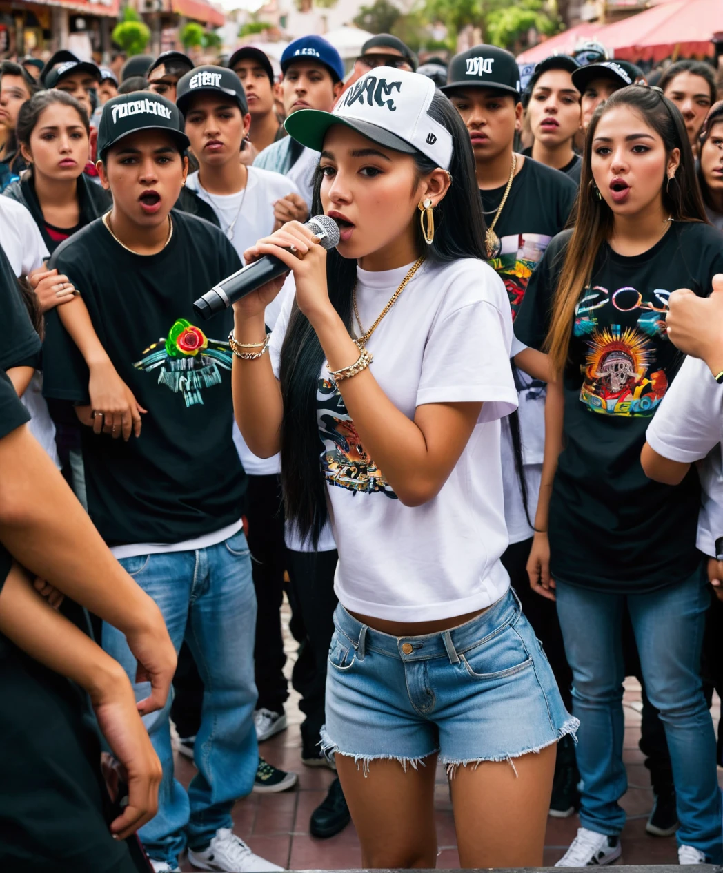 20 year old hip hop girl in a rap battle in a Mexican plaza