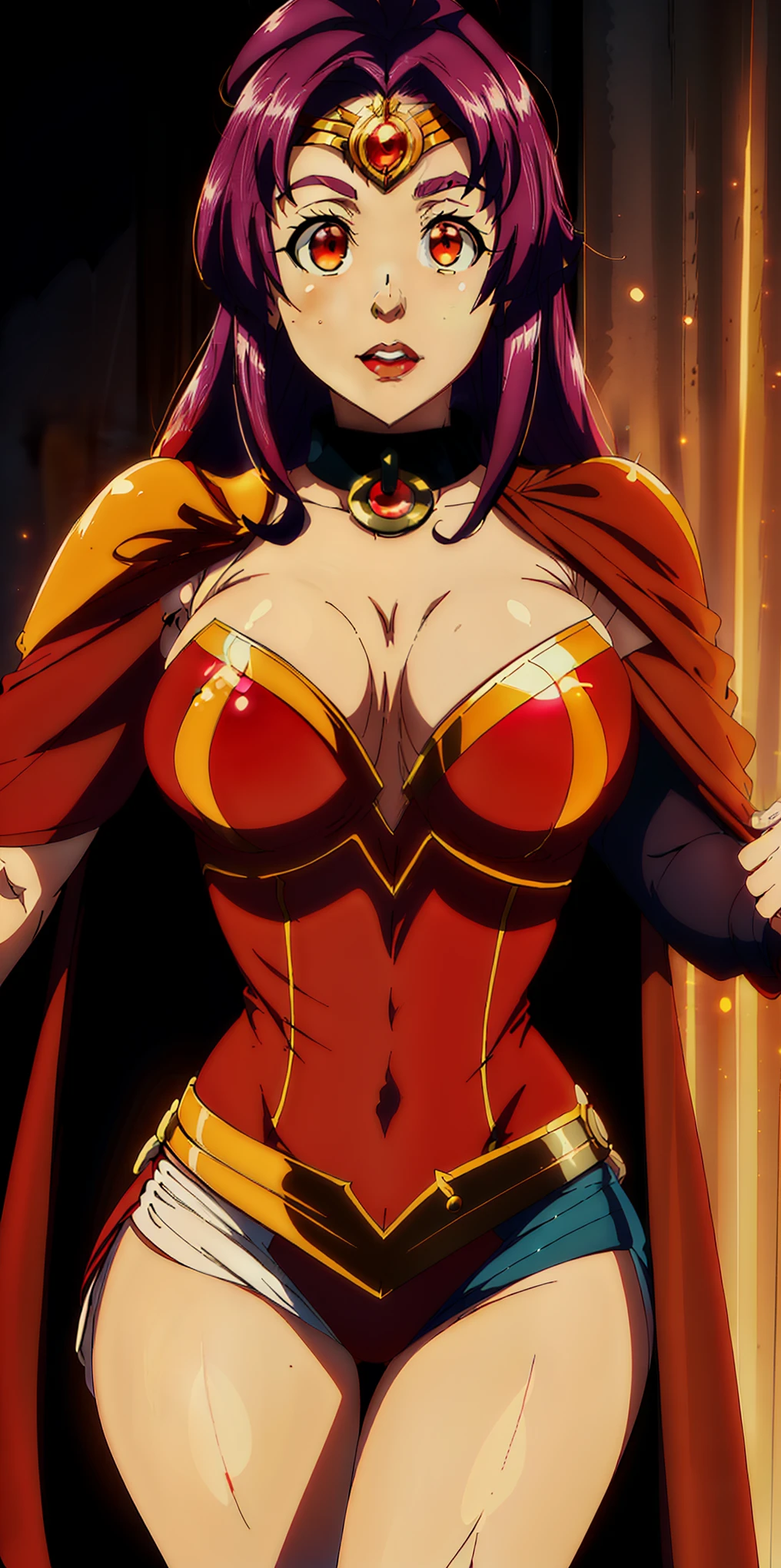 a woman in a red and gold costume posing for a picture, bright red cape on her back, faye valentine, amouranth as a super villain, cory chase as an atlantean, she-ra, she - ra, dressed as wonder woman, cinematic goddess body shot, ornate cosplay, close up half body shot, portrait of modern darna, exposed thighs!!!