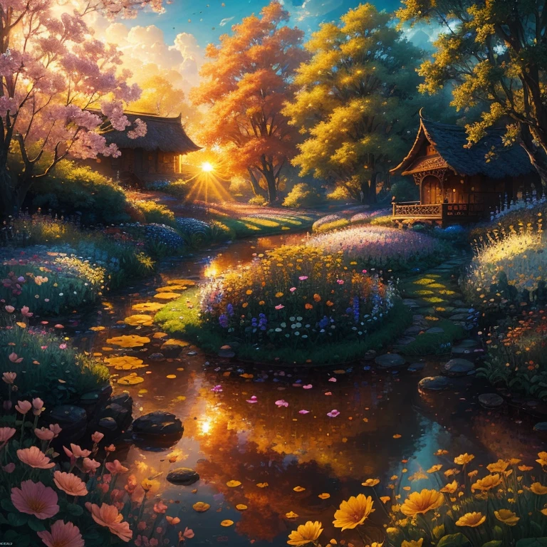 (Masterpiece, Best Quality, (Ultra-Detailed:1.2), 8K Wallpaper, Extremely Detailed CG),
(An Exquisite Flower Garden, Lush Greenery, Best Illumination, Best Shadow),
(Sunlight Streaming Through, Depth of Field, Warm and Inviting Ambiance),

Imagine a flower garden so intricately and realistically rendered, it feels as if you've stepped into another world. (Best Quality:1.1) Every petal and leaf is meticulously crafted, each vein and texture visible in stunning detail. The sun casts a golden glow over the scene, creating (U