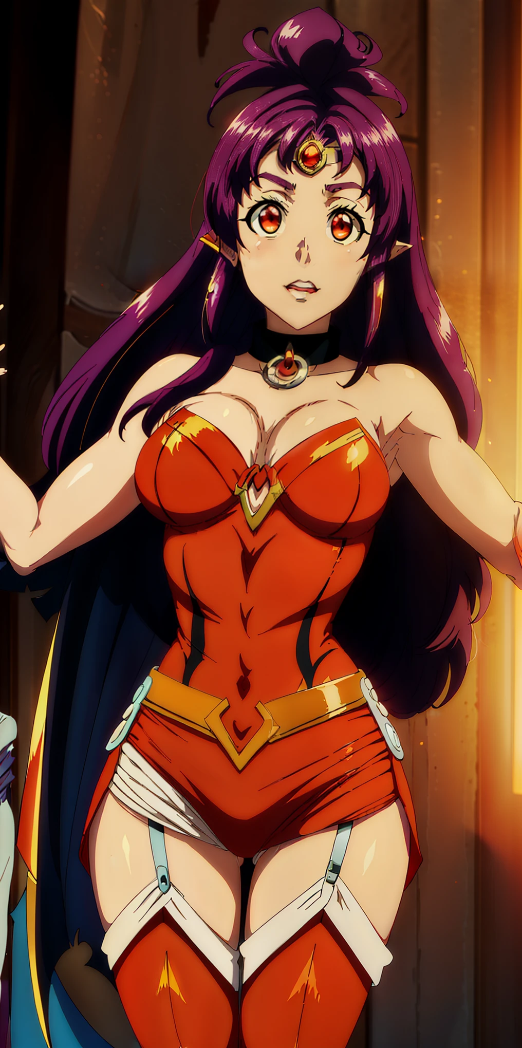 a woman in a red and gold costume posing for a picture, bright red cape on her back, faye valentine, amouranth as a super villain, cory chase as an atlantean, she-ra, she - ra, dressed as wonder woman, cinematic goddess body shot, ornate cosplay, close up half body shot, portrait of modern darna, exposed thighs!!!