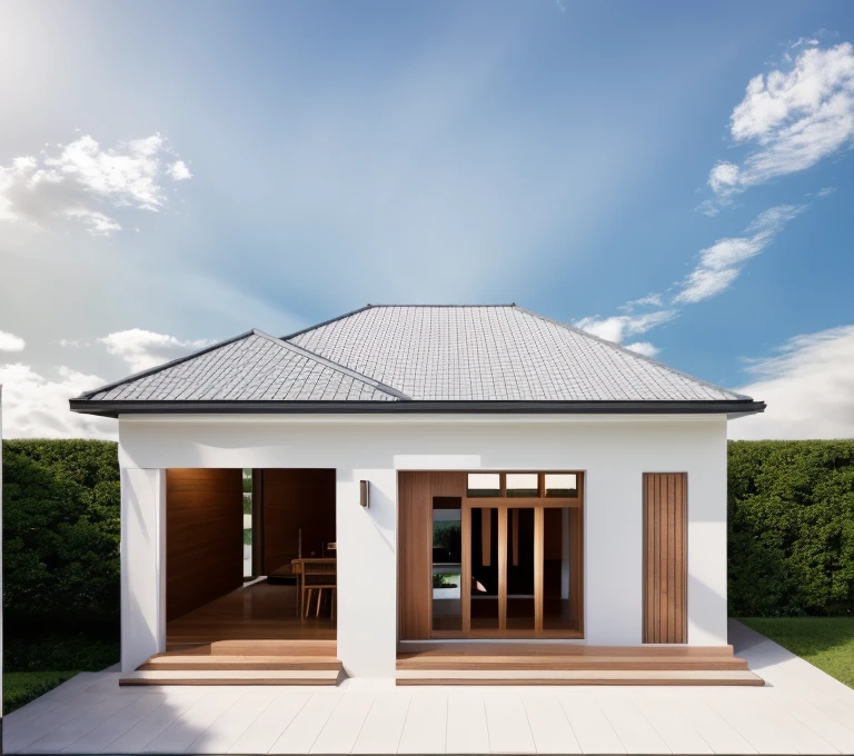 1 main wood door, slope roof, many glass door, concrete, wood wall,white, modern villa, palm, plant, beautiful sky, wood facade, architecture, beautiful, masterpiece, best quality, super detailed, realistic, photorealistic, 8k, sharp focus, droste effect photography, macro photography