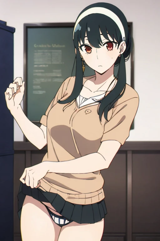 (masterpiece, highest quality: 1.2), alone, 1 girl, alone, panties,,black,Sailor suit,blazer,your heather, かなりEmbarrassing,View your viewers, Long black hair, head band, Earrings, Big Breasts, Medium Waist, Medium Hips, wide thighs, Embarrassing, Charm, Good move.., Excellent anatomy,panties,classroom,,Sailor suit,blazer,skirt, (((skirtめくり, I can see your pants))),