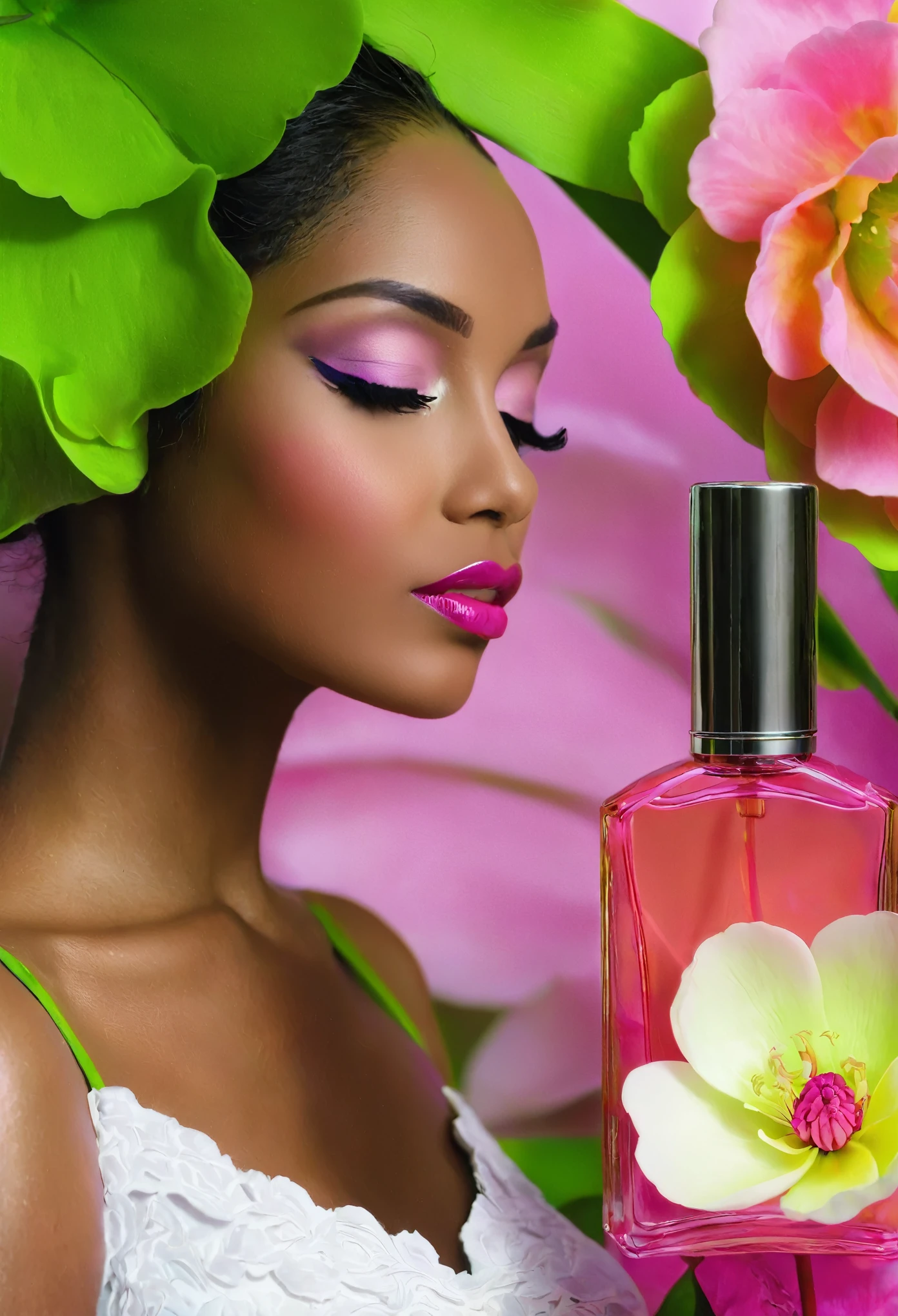ebony woman with a pink flower in her hair and a green perfume bottle, foto de retrato, carregando um frasco de perfume, flutuando em perfume, Linda mulher, Fechar retrato, alta costura floral, beleza de cair o queixo, lindo woman, campanha de beleza, close  foto de retrato, lindo look, beleza maravilhosa, beleza estonteante, cheirando bem, deusa das flores, lindo, mulher 