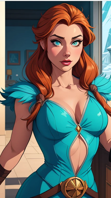 Beautiful portrait mode pose Cartoon character character in dynamic pose two women together redhead Queen Anna of Arendelle redhead with 1,60cm on the left and along with a symmetrical body and beautiful breasts, corpo bem definido, delicado e sensual, estilo de desenho animado, digital illustration Portrait mode 