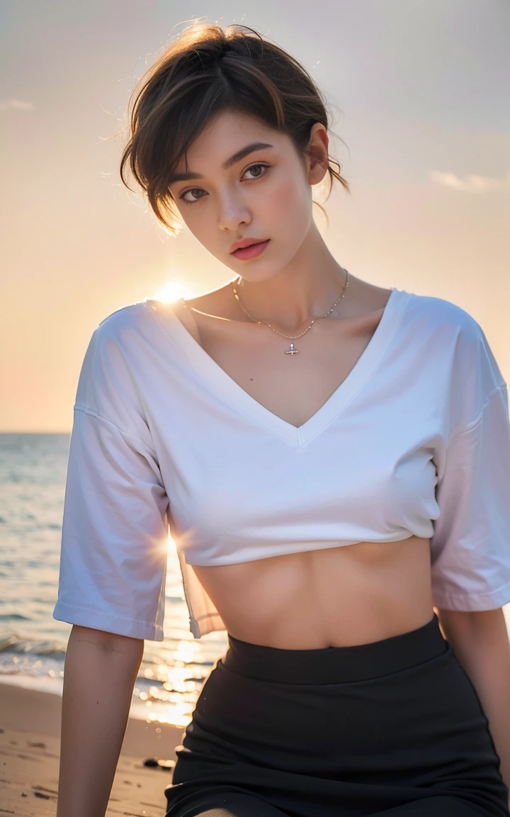 ((top-quality、8K、masterpiece: 1.3))、Perfect Body Beauty: 1.4、Slender Abs: 1.2、Beautiful woman with slender abs:1.3、(Highlight Haircuts、Breast A Cup:1.2), small breast, round shape breast, perfect shape breast, ((( black silk pencil skirt, white shirt, opened shirt , black bra))), pubic hair,hight pubic bone, simple necklace, hyperdetailed face、18year old、 Pretty women、(Dark brown short-cut hair), Slim Face、Highly detailed facial and skin texture、very detailed lips、opens legs、top-quality、masterpiece、超A high resolution、(Photorealsitic:1.4), walked forward confidently, spreading her arms, long shot , (outdoor), bright background, sunset light,