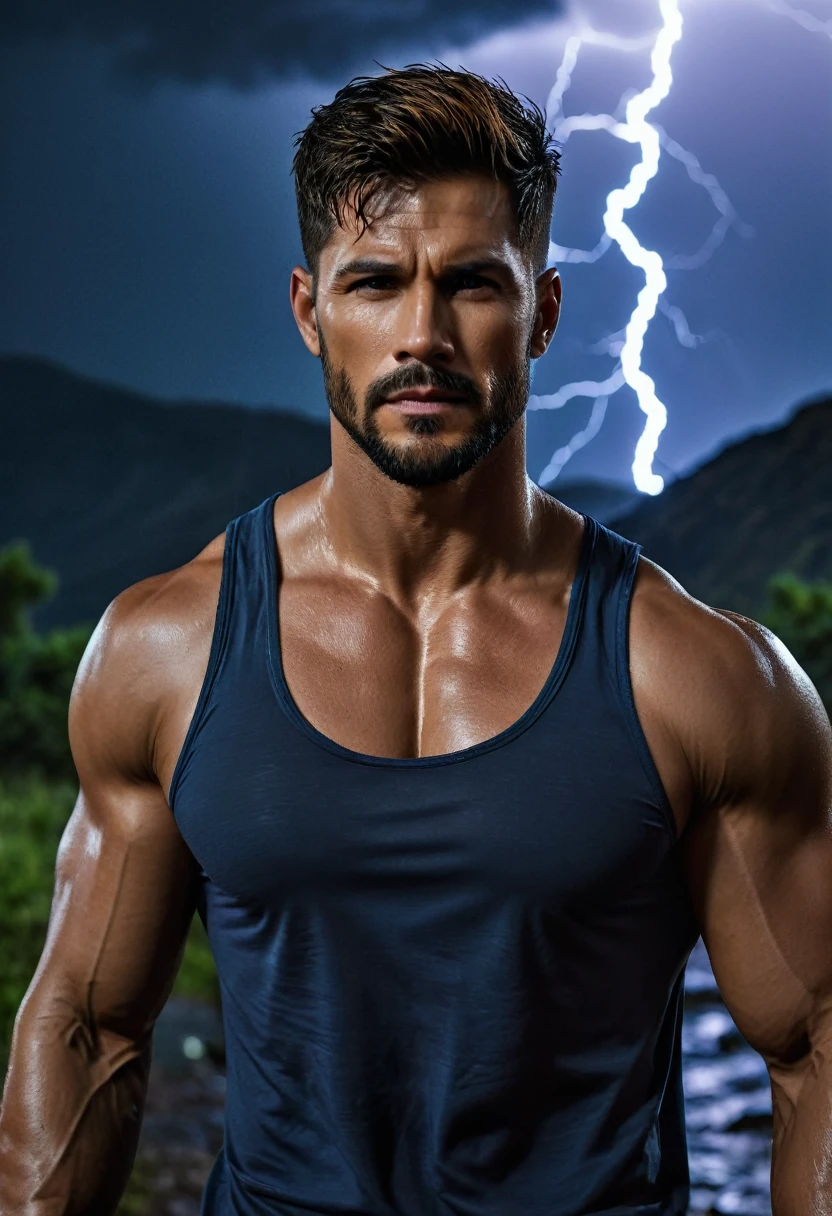 realista:1.3,( fotorrealista, 8K, Fotos CRUDAS, Calidad premium, obra maestra, epic lighting. de cerca, Imagen centrada), (primer plano),((1 handsome man self-confident well-formed muscles, post apocalyptic, guerrero, Rostro y cuerpo perfectamente detallados, (primer plano), escenario lluvioso, poor lighting due to rain,(( rostro y cuerpo mojados por la lluvia:1.5)),lightning lighting, dynamic pose, cabello hermoso y detallado, ropa de cuero)),  ((Imaginativo scene)),((perfect, meticulously detailed.:1.3)), ((full shot: 1.4)), ((Best quality )), ((Masterpiece)), 3D, (hyper detailed: 1.3), ((Epic Scenery: 1.3)), ((night background: 1.3 ))), (((night:1.2))), ( photorealistic: 1.4), ((Front camera)),( (Low-light night cinematic lighting: 1.2)). 32