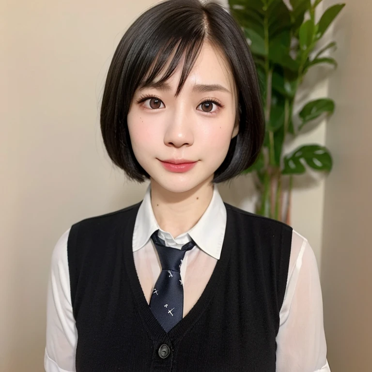 (kawaii 24year-old Japanese girl, Nogizaka idol, Korean idol), (glossy black hair, very short hair, pixie cut:1.3), (rounded face, black eyes, single eyelid, no makeup, soft smiling:1.2), (wearing silky white collared shirt, necktie:1.3), (flat chest, extra small breasts:0.8), (looking at viewer:1.2), BREAK, (sunny day outside background:1.3), (view from forward, portrait, close shot:1.3), BREAK, (masterpiece, best quality, photo realistic, official art:1.4), (UHD, 8K quality wallpaper, high resolution, raw photo, golden ratio:1.2), (shiny skin), professional lighting, physically based rendering, award winning, (perfect anatomy, highly detailed skin, extremely detailed face and eyes), Carl Zeiss 85 mm F/1.4, depth of field, 1girl, solo,