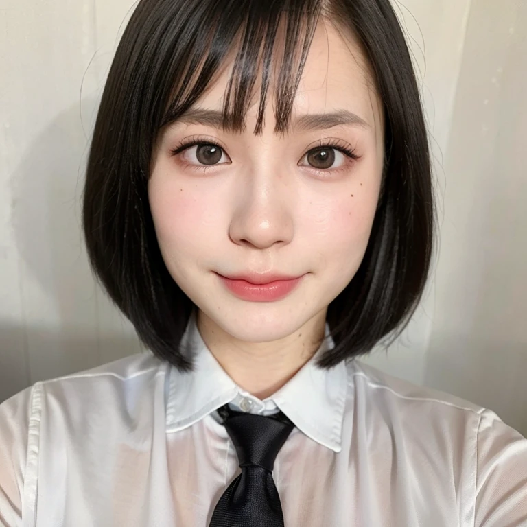 (kawaii 24year-old Japanese girl, Nogizaka idol, Korean idol), (glossy black hair, very short hair, pixie cut:1.3), (rounded face, black eyes, single eyelid, no makeup, soft smiling:1.2), (wearing silky white collared shirt, necktie:1.3), (flat chest, extra small breasts:0.8), (looking at viewer:1.2), BREAK, (sunny day outside background:1.3), (view from forward, portrait, close shot:1.3), BREAK, (masterpiece, best quality, photo realistic, official art:1.4), (UHD, 8K quality wallpaper, high resolution, raw photo, golden ratio:1.2), (shiny skin), professional lighting, physically based rendering, award winning, (perfect anatomy, highly detailed skin, extremely detailed face and eyes), Carl Zeiss 85 mm F/1.4, depth of field, 1girl, solo,