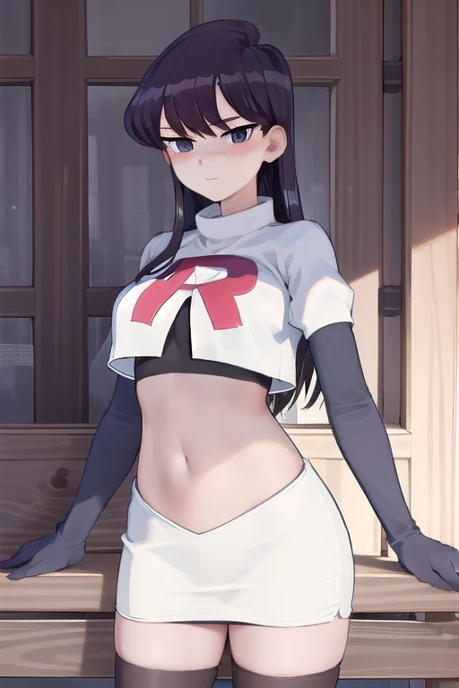 masterpiece, best quality, 1girl, solo, komi-san wa komyushou desu, looking at viewer, team rocket,team rocket uniform,white skirt,red letter R,crop top,black thigh-highs, cowboy shot