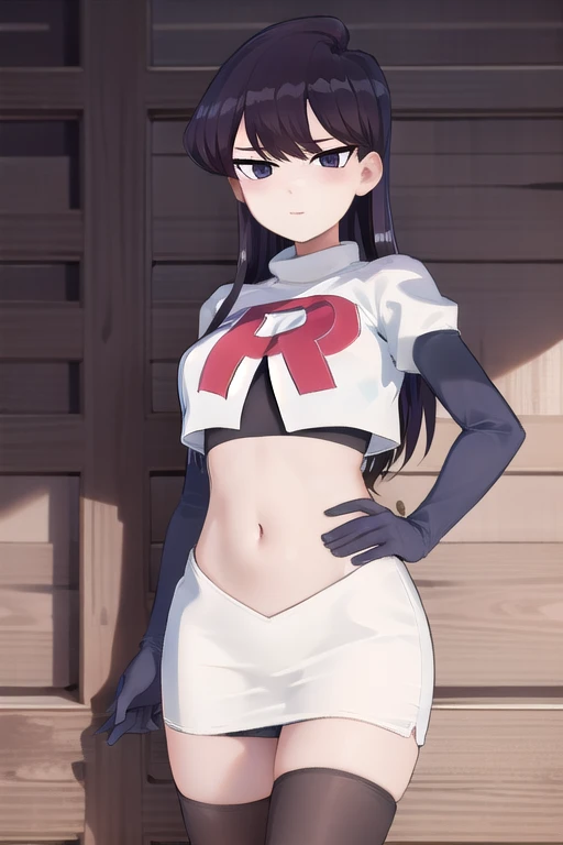 masterpiece, best quality, 1girl, solo, komi-san wa komyushou desu, looking at viewer, team rocket,team rocket uniform,white skirt,red letter R,crop top,black thigh-highs, cowboy shot 