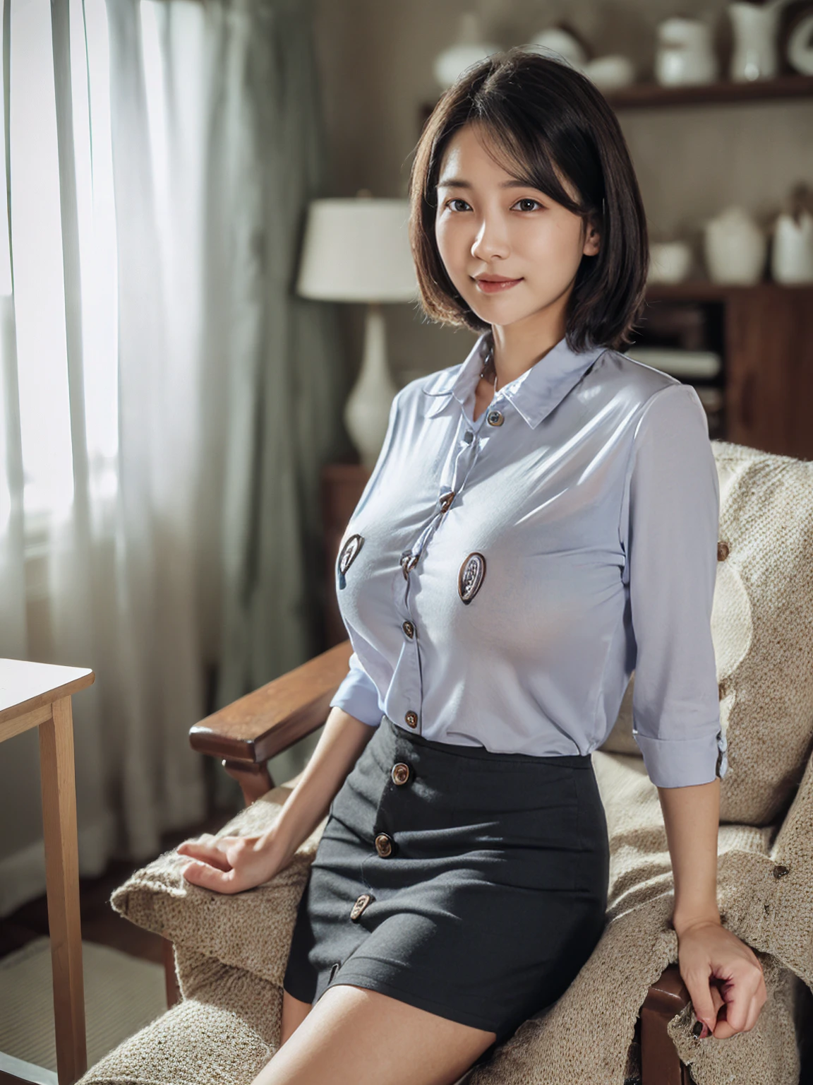 (8K,RAW Photos,highest quality,masterpiece:1.5),(Watching the audience:1.5),(Mature Woman:1.5),smile,(Black Hair),(live-action:1.5),(Realistic expression:1.5),(Big Breasts:1.5),(Narrow waist:1.5),(Thin and beautiful legs:1.5),(Slender:1.4),Showing beautiful teeth,(two japanese women:1.6),(Relaxing in the living room:1.5),(Close all the buttons on your blouse:1.5),(Nobody background:1.5),(Poor exposure:1.5),(Woman in her 50s:1.5),(Her panties are visible through the gap in her skirt:1.5),(There are some wrinkles around the eyes:1.3)